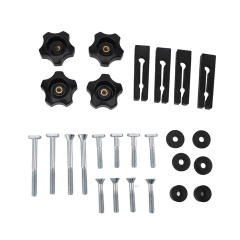 Adjustable Featherboard For Woodworking Safety On Table Saws Router Tables And Band Saws with black knobs, bolts, and clips.