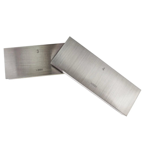 Two gauge blocks labeled 3 and 4 from the 81 Piece Gauge Block Set In Inch Sizes Crafted From Hardened Alloy Tool Steel