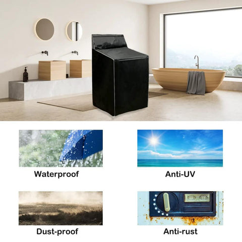 Front view of a black fabric washer/dryer cover with zipper for top-load machines.