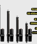 Heavy Hitter 25000N Linear Actuator With IPX6 Splash Seal For Seamless Solar Tracker And Marine Gear Upgrades Built Tough Zero Headache 24V 300Mm Stroke showcasing various stroke sizes and configurations.