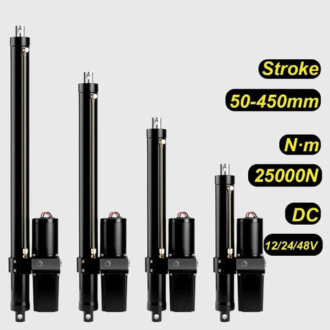 Kickstart Your Rigging Game With This 25000N Linear Actuator Featuring IPX6 Weather Resistant Housing And Solid 12V 24V 48V Drive For Solar Trackers And Marine Crane Work 300Mm Stroke, showing various actuator lengths.