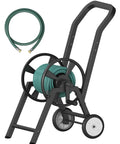 Heavy Duty Garden Hose Reel Cart With Wheels Holds 165 Feet Of Five Eighth Inch Hose In Outdoor Powder Coated Steel Water Storage Rack Includes 3.9 Foot Leader Hose For Yard And Lawn Use Built To Last in black metal with wheel detail and coiled hose attached.