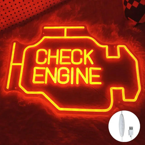 Lit Neon Signs For Wall Decor Large LED Neon Light Sign For Bedroom Party Office Hotel Pub Cafe Room Decor Bar Art Decor Man Cave Night Light Gift For Home Use, "Check Engine" design in orange glow, includes power adapter.