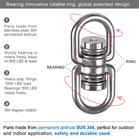 Heavy Duty Bearing Swing Swivel 360 Degree Rotation For Hanging Projects Like Tree Swings, Hammock Chairs, Climbing Ropes