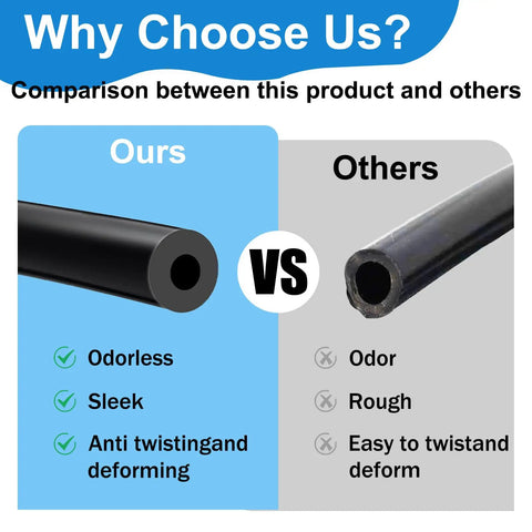 Comparison of Universal Silicone Vacuum Hose 10 Ft Long and other hose, highlighting odorless, sleek, anti-twist features.