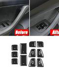 Clean 11 Piece Interior Window Switch Covers And Door Control Button Trim Kit For Tesla Model 3 And Model Y 2017 To 2023, before and after installation.