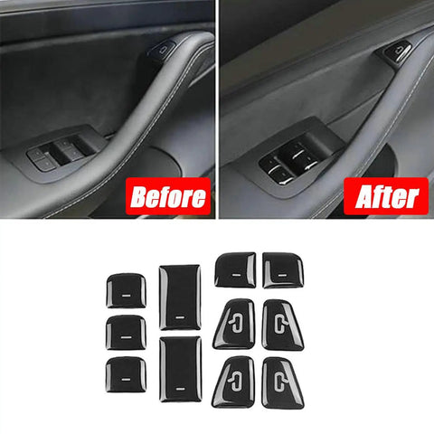 Clean 11 Piece Interior Window Switch Covers And Door Control Button Trim Kit For Tesla Model 3 And Model Y 2017 To 2023, before and after installation.