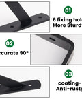 Close-up of 10 Pack Heavy Duty Shelf Brackets Black Steel 8 Inch Long By 6 Inch High L Shaped 90 Degree Wall Mount Corner Brackets features.