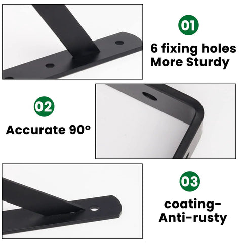 Close-up of 10 Pack Heavy Duty Shelf Brackets Black Steel 8 Inch Long By 6 Inch High L Shaped 90 Degree Wall Mount Corner Brackets features.