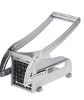 Potato cutter and French fry slicer; angled side view, stainless steel, manual kitchen tool.