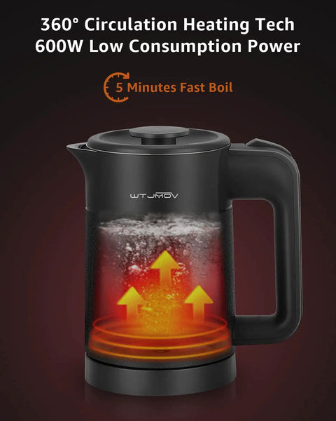 Image of a black Grab And Go 0.6L Electric Kettle for travel, showing its double wall design and fast boiling feature.