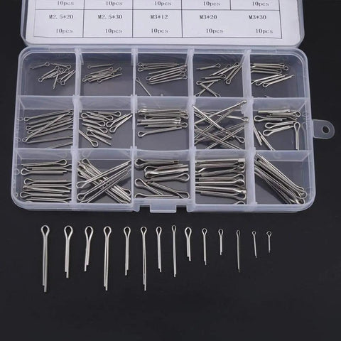 Heavy Duty Split Cotter Pin Kit 150 Pcs Set Featuring 15 Sizes M1-M3, 304 stainless steel pins in a case with various sizes displayed