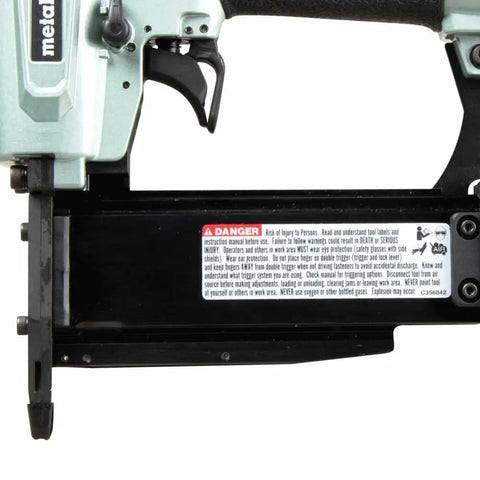 Close-up of 23 Gauge Pin Nailer Kit for fine trim and molding, featuring adjustable depth and built-in silencer, NP50A model