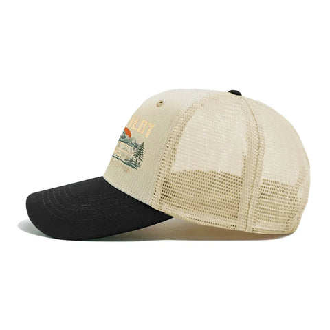 Funny RV Pilot Camper Road Trip Hat Avid Traveler Baseball Cap, beige mesh back, black front, side view