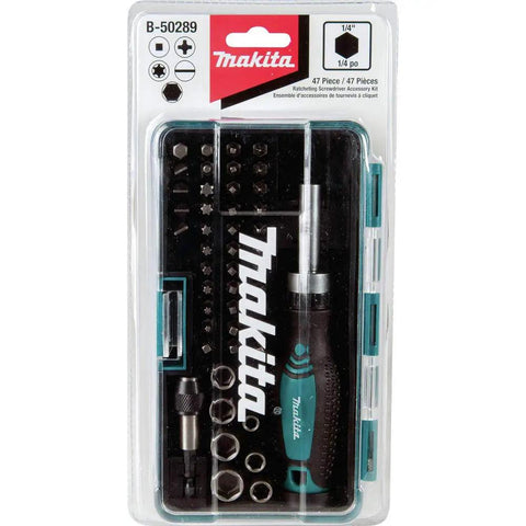 47 Piece Ratchet And Bit Set With Compact Carrying Case Featuring Phillips Torx Slotted Hex And Square Bits And Sockets