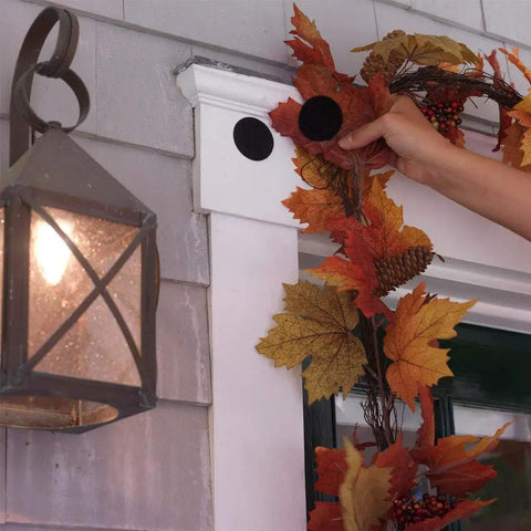 Heavy Duty Industrial Hook And Loop Fasteners With Rock Solid Adhesive Backing Water Resistant Sticky Pads For Indoor And Outdoor Use Tough Circular Disc Strips Hold Up To Ten Pounds holding wreath with autumn leaves on a door frame.