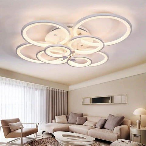Dimmable LED Ring Ceiling Light With Acrylic Lampshade, 8 rings, modern chandelier in living room setting, 120W, soft lighting
