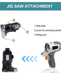 Cordless 10-in-1 Brushless Tool Combo Kit features jig saw attachment with sole plate and unlocking lever for smooth cuts.
