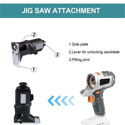 Cordless 10-in-1 Brushless Tool Combo Kit features jig saw attachment with sole plate and unlocking lever for smooth cuts.