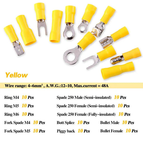 540 Piece Quick Disconnect Electrical Terminal Kit showing yellow fork, spade, ring, and bullet connectors for 12 to 10 gauge wiring.