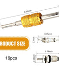 16 Piece AC Valve Core Kit for R134A with Pressure Caps and Service Valves, size dimensions shown