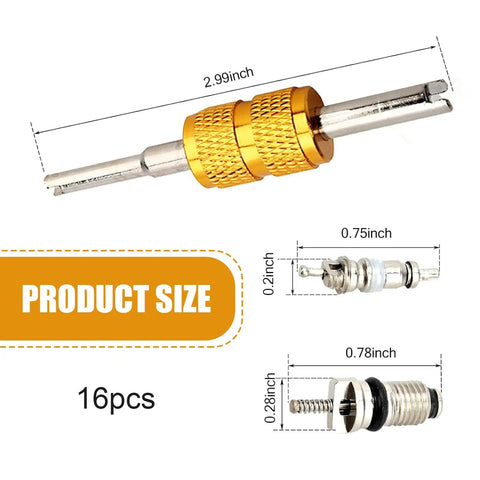 16 Piece AC Valve Core Kit for R134A with Pressure Caps and Service Valves, size dimensions shown