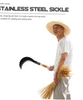 Man holding a stainless steel sickle and wheat, wearing a straw hat, showcasing tool design and usage for mowing, weeding, and cutting.