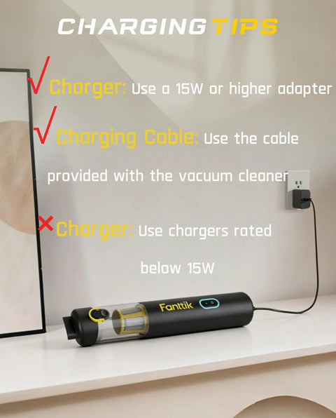 Fanttik Slim V8 APEX car vacuum, black handheld with transparent canister, on shelf beside plugged-in charger.