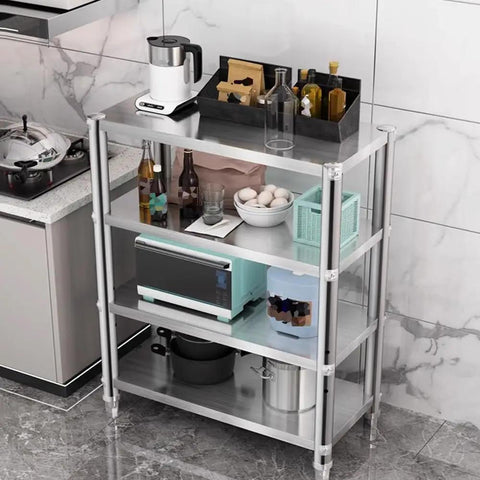 Top Shelf 3 Tier Stainless Steel Media Cart For Home Entertainment Setup Zero Sweat Audio Video Gear Stand with kitchen items.