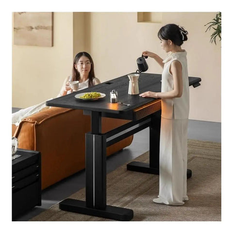 Rock Solid Electric Sit Stand Desk With Dual Built In Drawers And Effortless Height Adjustment Featuring Slick Modern Finish Premium Office Writing Table in use at home.