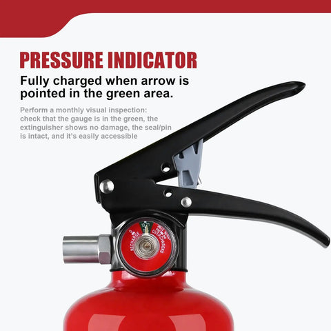 Close-up of 2.5 Lb ABC Dry Chemical Fire Extinguisher With Bracket And Quick Release Handle featuring pressure gauge indicator.