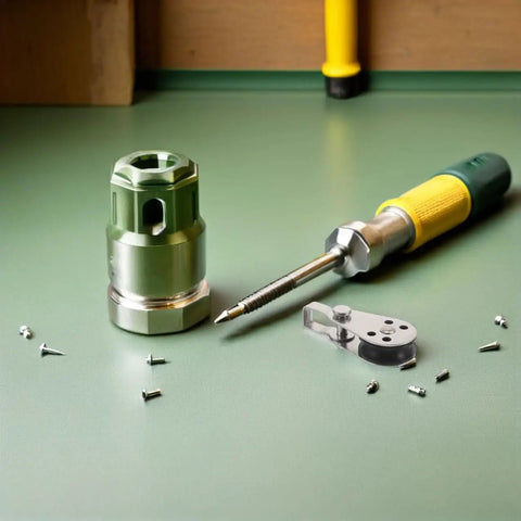 Workbench with tools including a screwdriver, metal component, and small screws on a green surface.