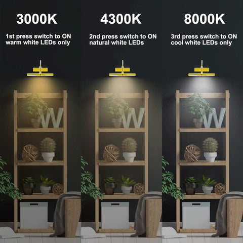 Dope Wireless Battery Powered LED Picture Light illuminating shelves with 3 lighting modes: 3000K, 4300K, 8000K, gold finish.