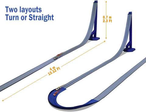 Flexible Dual Lane Race Track Set With U Turn Design For Kids 13 Feet Of Track Length DIY Curves shown in two track layouts