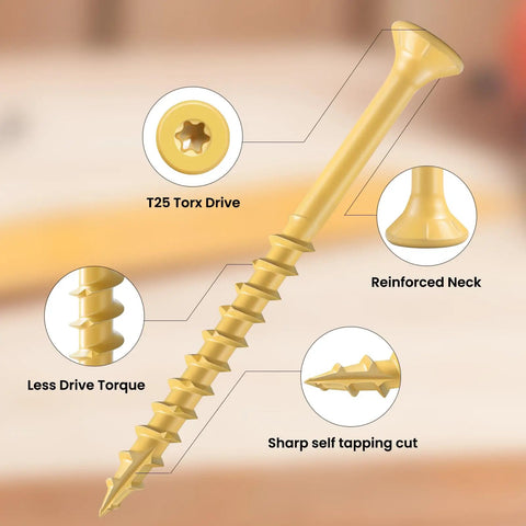 Top Shelf Rock Solid Deck Screws Ten Gauge By Three And A Half Inch Wood Fasteners Tan Epoxy Coated T25 Torx Drive detailed view