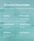 Magnetic Jade Max Linear Keyboard Switches product parameters chart, showing linear typing and pre-lubed features.