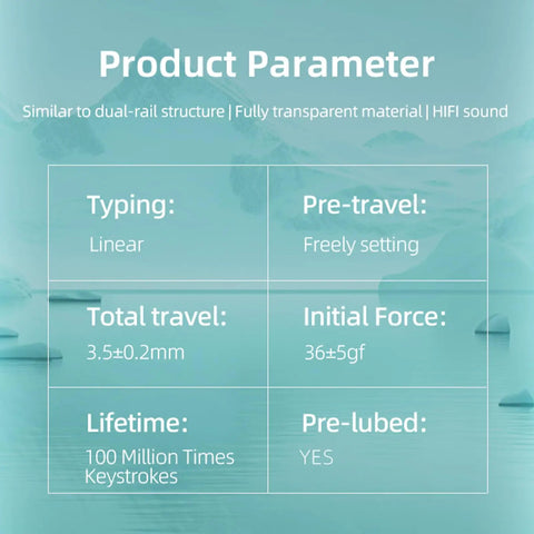Magnetic Jade Max Linear Keyboard Switches product parameters chart, showing linear typing and pre-lubed features.