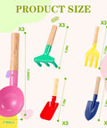 Colorful 15 Piece Kids Beach Sand Toys And Garden Tool Set With Shovel, Rake, Fork, Trowel, and Hoe with Wooden Handles