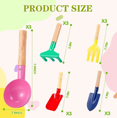 Colorful 15 Piece Kids Beach Sand Toys And Garden Tool Set With Shovel, Rake, Fork, Trowel, and Hoe with Wooden Handles