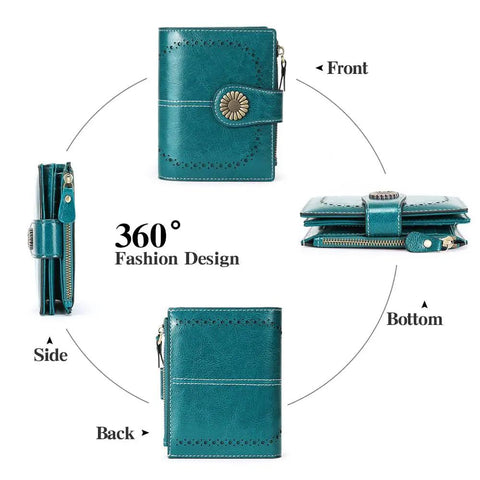 Compact Vegan Leather Womens Wallet With RFID Blocking Bifold Card Holder And Zipper Coin Pocket, showing front, side, back, bottom views.