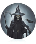 Image of a Halloween-themed round glass board with a grim reaper in a hat and scythe with a bat flying nearby.