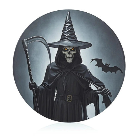 Image of a Halloween-themed round glass board with a grim reaper in a hat and scythe with a bat flying nearby.