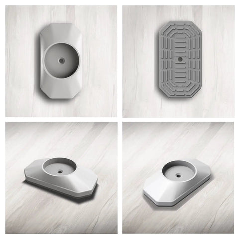 Baby Gate Wall Protector 4 Pack White with soft rubber backing shown in different angles and details on a wooden surface