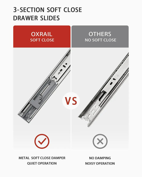 Comparison of Heavy Duty Soft Close Drawer Slides 22 Inch Side Mount Pair Built Like A Tank For Kitchen Cabinets, showing features.
