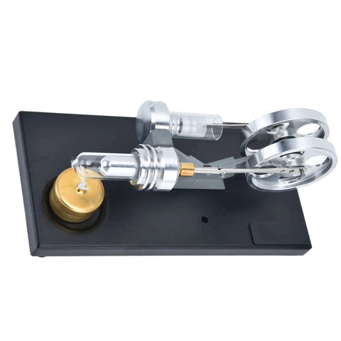 Hands On Stirling Engine Model Kit With Aluminum Alloy Construction External Combustion Engine For Realistic Physics Experiments A Kid Friendly STEM Educational Toy For Classroom Projects And Home Learning, side view on black base