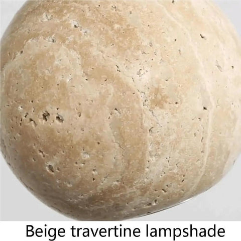 Close-up of beige travertine lampshade for Travertine Pendant Light Spherical Walnut Wood Hanging Lamp Natural Stone Modern Nordic Fixture Adjustable Height for Bedroom Dining Room Study Bedside.