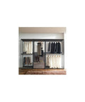Heavy Duty Wood Walk In Closet Organizer System With Customizable Shelving And Rustic Gray Finish featuring hanging clothes and a storage drawer.