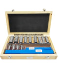 Open box displaying 22 Piece Pro Grade Keyway Broach Set For HSS Broaching Tools, Metric Range 12 To 30, with Bushing Shim Kit