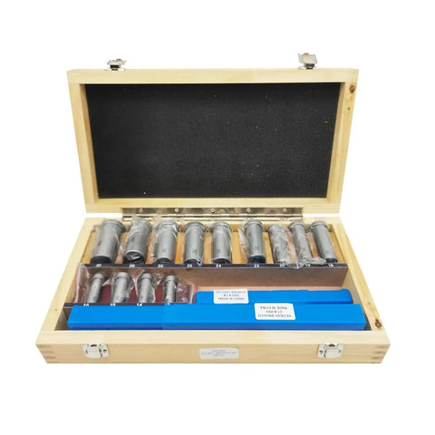 Open box displaying 22 Piece Pro Grade Keyway Broach Set For HSS Broaching Tools, Metric Range 12 To 30, with Bushing Shim Kit