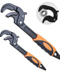 Two Pack Adjustable Wrench Set Quick Multi Function Self Adjusting Wrench Power Grip Pipe Wrenches against white background.